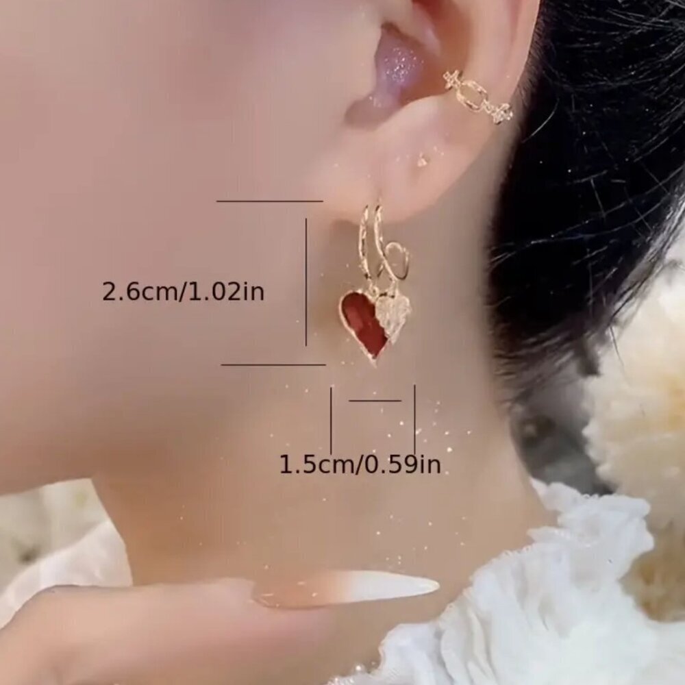 NEW chic red heart dangle earrings, layered earrings, gold and red heart jewelry - Picture 3 of 3